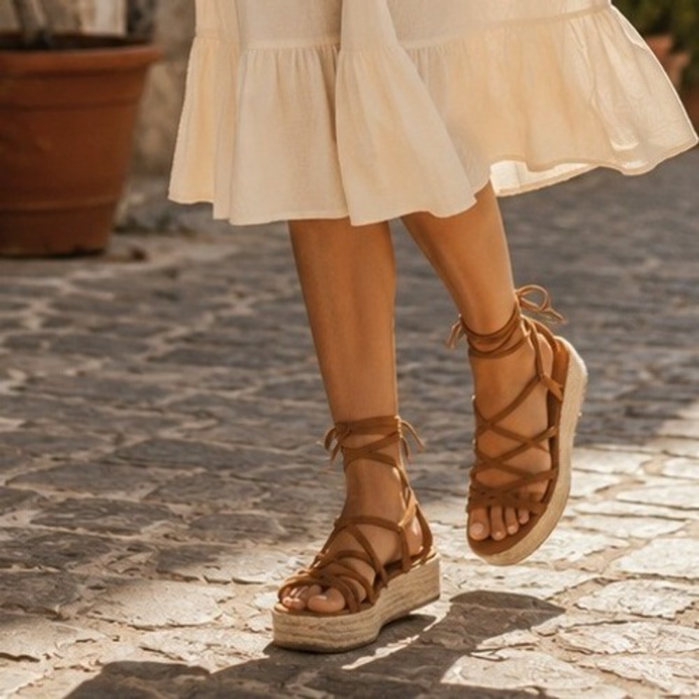 Universal Thread Size 7 Cognac Lace Up Espadrille Platform Sandals Boho Size 7